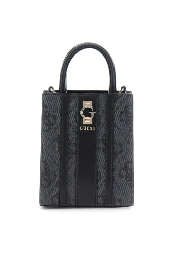 Kadın Şerit Detaylı Monogram Desenli Mini Dikey Çanta - Antrasit 