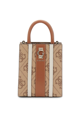 Kadın Şerit Detaylı Monogram Desenli Mini Dikey Çanta - Kahverengi - Guess