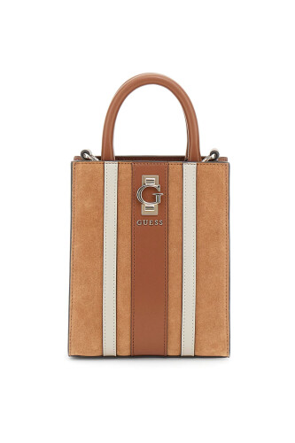 Kadın Şerit Detaylı Süet Deri Mini Dikey Çanta - Taba 