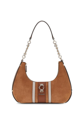 Kadın Şerit Detaylı Süet Deri Yarım Ay Omuz Çantası - Taba - Guess