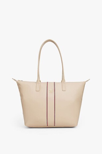 Kadın Şerit Detaylı Tote Omuz Çantası - Bej - Tommy Hilfiger