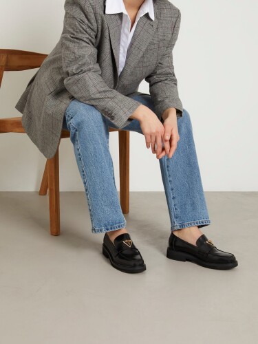 Kadın Shatha hakiki deri mokasen Loafer Ayakkabı-Siyah 