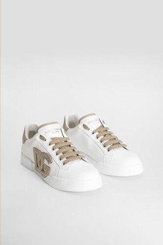 Kadın Taş İşlemeli Aplike Logolu Deri Sneakers - Beyaz/Vizon 