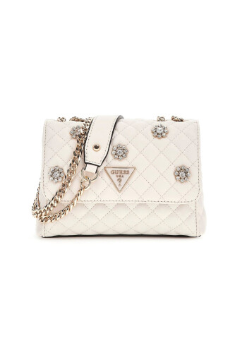 Kadın Taşlı Çiçek Aplikeli Kapitone Omuz Çantası - Kırık Beyaz 