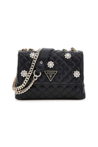 Kadın Taşlı Çiçek Aplikeli Kapitone Omuz Çantası - Siyah - Guess
