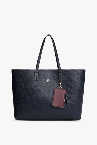 Kadın TH Icon Tote Monogram Desenli Büyük Omuz Çantası - Lacivert 