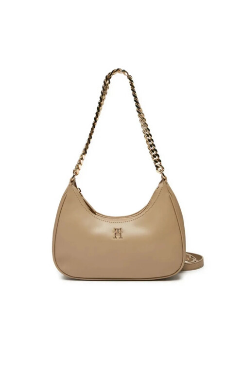 Kadın TH Marka Logolu Deri Ayarlanabilir Omuz Çantası - Bej - Tommy Hilfiger