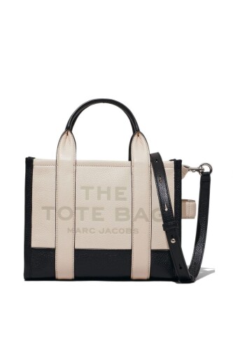 Kadın The Small Tote Renk Bloklu Deri Omuz ve El Çantası - Krem/Siyah 