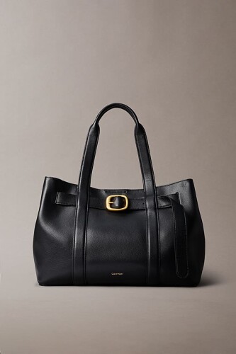 Kadın Tokalı Dokulu Orta Boy Tote Omuz Çanta - Siyah - Calvin Klein