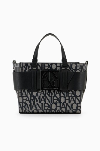 Kadın Tokalı Monogram Desenli Tote El Çantası - Siyah/Bej 