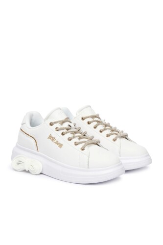 Kadın Ursa Dis. SB1 Simli Şeritli Yazı Logolu Kalın Tabanlı Sneaker - Beyaz - Just Cavallı
