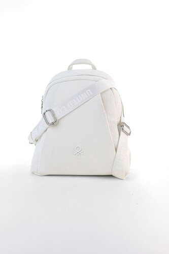 Kadın Yazı Şeritli Askılı Dokulu Sırt Çantası - Beyaz 