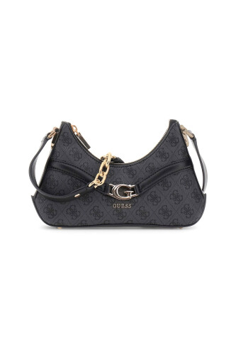 Kadın Zincir Aksesuarlı Monogram Desenli Yarım Ay Omuz Çantası - Antrasit - Guess