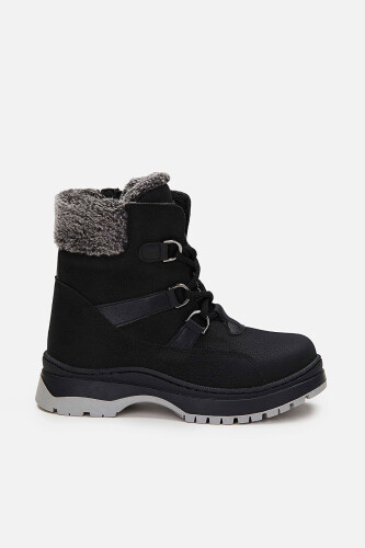 Kız Çocuk Alexis Kürklü Yaka Fermuarlı ve Bağcıklı Bot - Siyah 