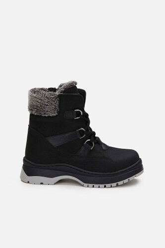 Kız Çocuk Alexis Kürklü Yaka Fermuarlı ve Bağcıklı Patik Bot - Siyah 