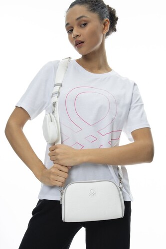 Mini Cüzdanlı Gofraj Baskılı Çapraz Çanta BNT_636-Beyaz-A.Gri 