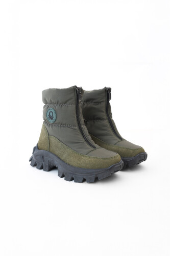 Unisex Çocuk Fermuarlı Kapitone Kalın Tabanlı Kar Botu - Haki 